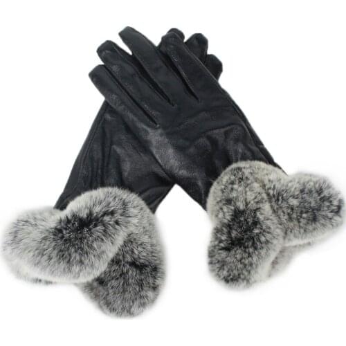 Winter warm women rabbit fur mittens ladies black real sheepskin leather gloves