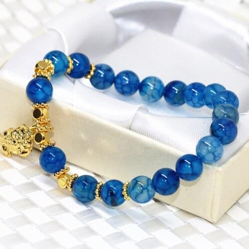 Gold-color cute pendant blue popcorn agat onyx stone carnelian round beads 8mm strand bracelets women jewelry 7.5inch B2094