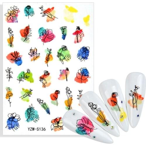 1 Sheet Black Ink Painting Nail Water Sticker Summer Theme Fruit Flower Alphabet Leaves Nail Art Decorations Decals