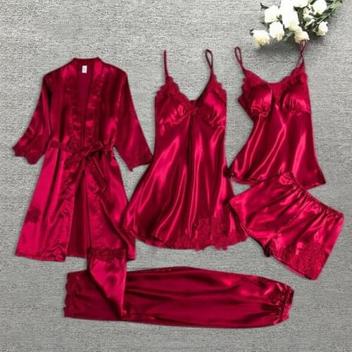 5pcs Silk Robe Set Women Lace Pajamas Gown Set V-Neck Nighties Wear Home Nightwear Pijama Sleepsuit Spring Nightdres