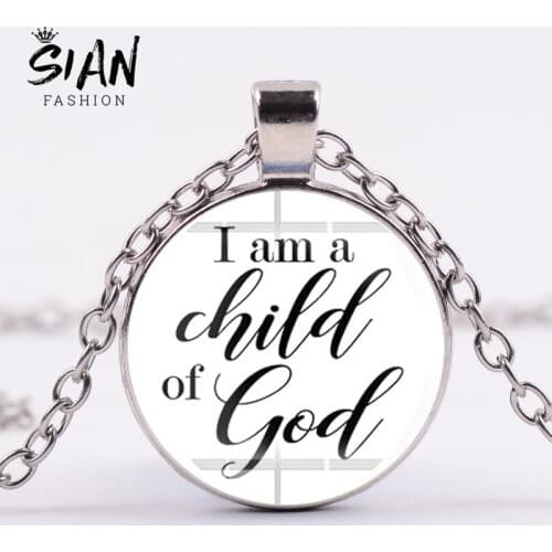 SIAN Minimalism I Am a Child of God Necklace Inspirational Language Quote Art Letter Glass Dome Pendant Necklace Birthday Gifts