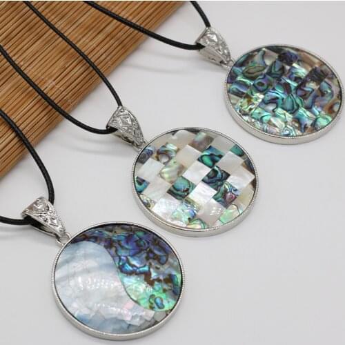 Natural Abalone Shell Charms Necklace Round Cracking Stripe Shells Pendant Wax Line Rope Pendant Necklaces Fashion Jewelry Gift