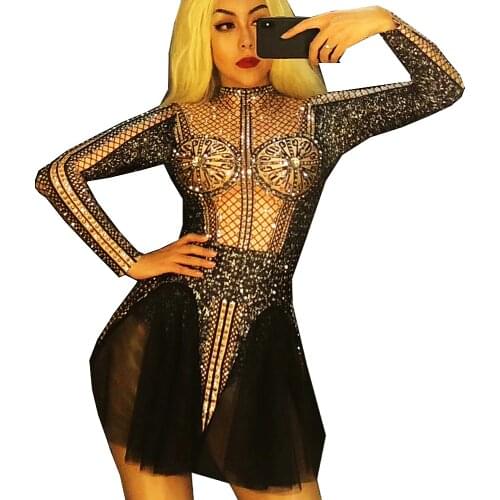 Long Sleeve Backless Shining Diamonds Dresses Black Net Yarn Mini Dresses Evening Prom Party Birthday Dress Nightclub Costumes
