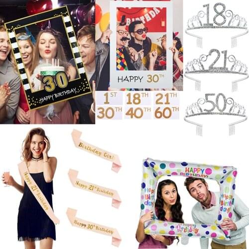 Happy Birthday Photo Booth Birthday Girl Sash Photo Frame Foil Balloon 1 18 21 30 40 50 60 Anniversary Them Party Princess Crown