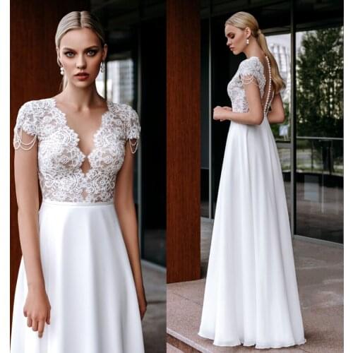 Deep V-neck Cap Sleeves with Jewelry Illusion Back Sexy A-line Wedding Dresses Nude/White Floor Lenght Bridal Dress