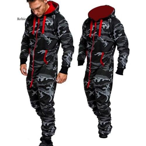 Mens Jumpsuit One Piece Mens Sets New Mens Hooded Fleece Jumpsuit Men Camouflage Print Personality Casual Suits Men
