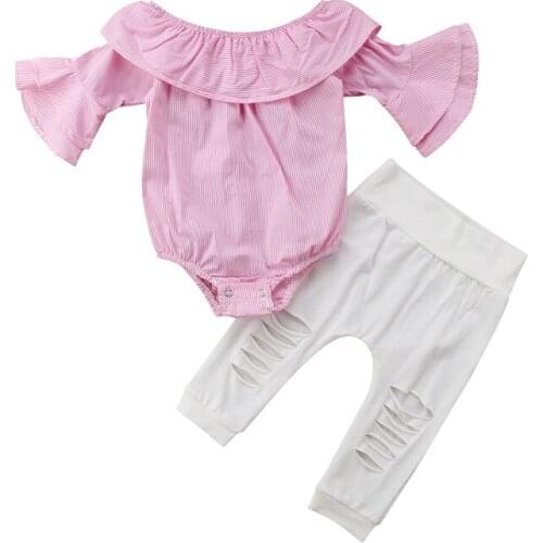 2pcs Set Pink Stripe Bodysuits Ripped Pants Clothes Infant Baby Girl Ruffled Off Shoulder Flare Long Sleeve Outfits