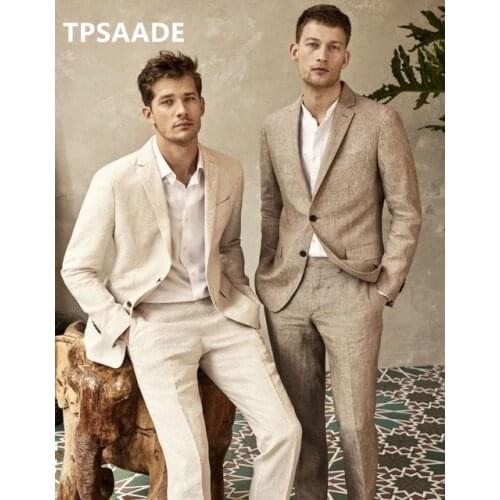 Tailor Linen Summer Beach Men Suit Groom Tuxedos Groomsmen Wedding Blazer Suits for Men Elegant 2 Pieces (Jacket + Pants)