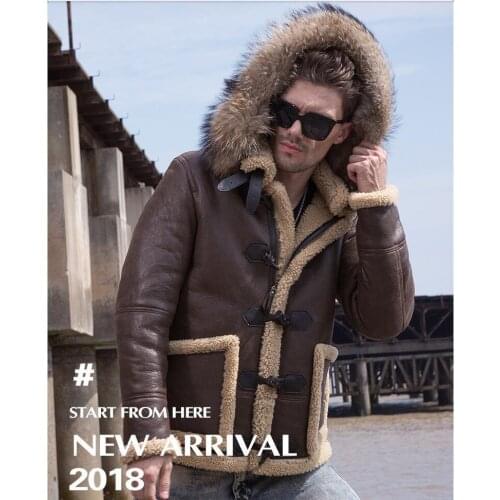 Real Raccoon Fur Men Winter fur coat Leather Jacket Mens Sheep Leather Coat Brown chaquetas de cuero genuino para hombre