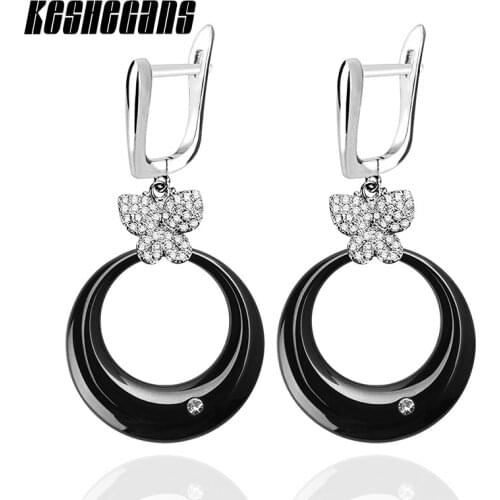 New Big Round Ceramic Drop Earrings With Elegant Butterfly Crystal Rhinestone Black White For Women Party Jewelry Accessories