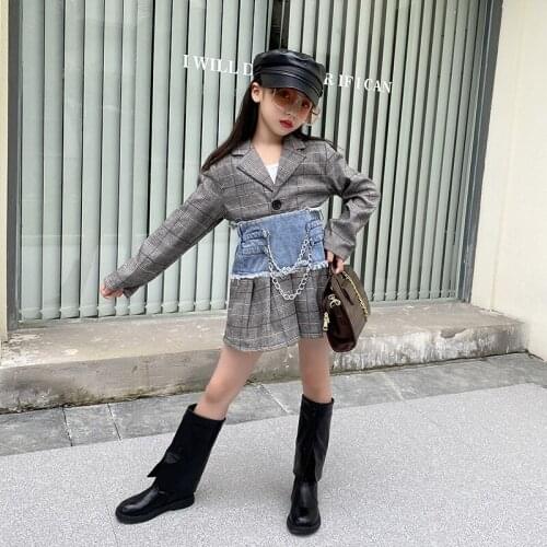Girls autumn suit 2021 new plaid and denim cropped top pleated skirt western style two-piece suit