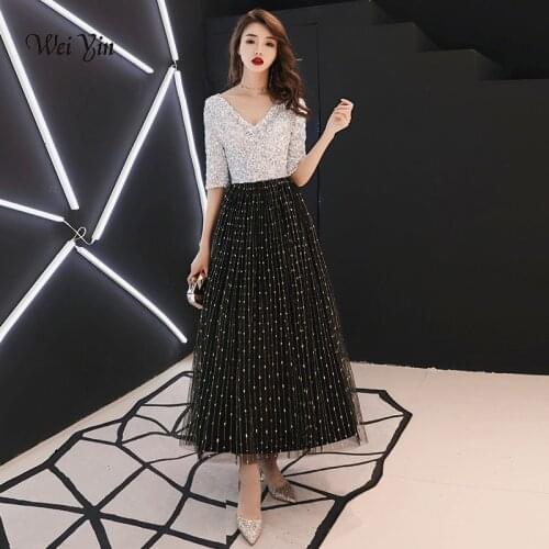 Weiyin 2021 Black White Sequined Long Evening Dresses Half Sleeves Elegant Women Formal Gowns Mother of the Bride Dresses WY1203