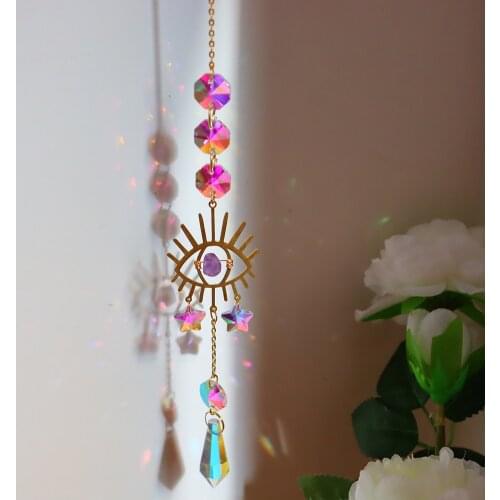 Hanging Crystal Star Hexagon Eye Wind Chime Window Car Prism Natural Stone Moon Bell Pendant Rainbow Maker Home Garden Decor