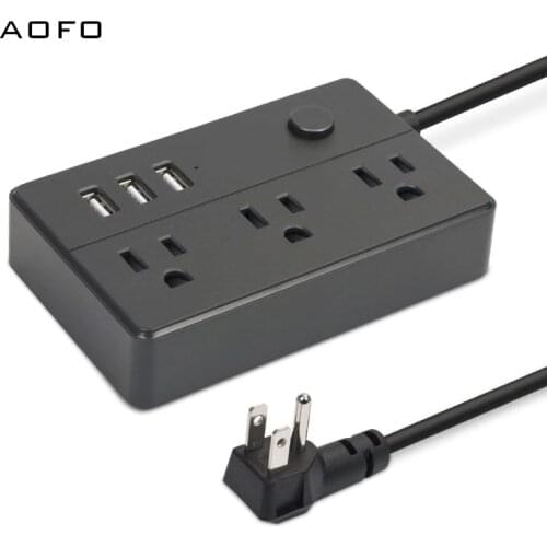 Portable power strip with 3 outlet surge protector and 3 USB charging ports for bedside table, desktop, home, office, travel