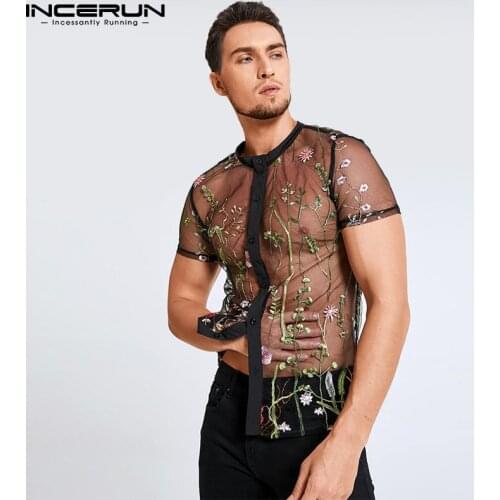 Leisure Embroidered Button Camisa INCERUN 2021 Fashion Printed Shirts Men Short Sleeve V Neck Blouse Man See Through Chemise 5XL
