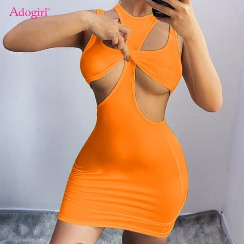 Adogirl Women Sexy Hollow Out Tank Dress Front Back Both Wear Sleeveless Bodycon Mini Nightclub Party Outfit Fashion Vestidos