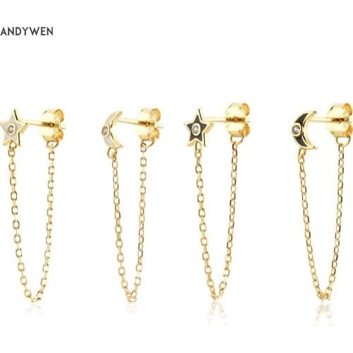 ANDYWEN 925 Sterling Silver Gold Star Moon Enamel White Turquoise Black Chain Stud Earring Women Piercing Rock Punk Jewelry