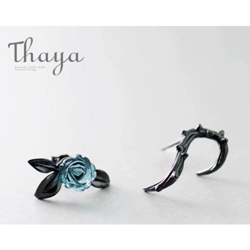 Thaya s925 Silver Thorn Blue Crystal Rose Design Black Stud Earrings for Women Asymmetry Flower Earring Female Jewelry Gift