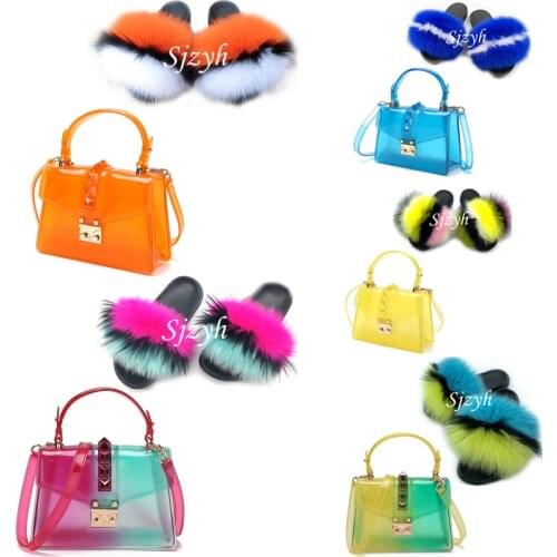 Womens Summer Matte Jelly Purse Fox Fur Slides Colorful Shoulder Bag Shoes Sets Ladies Fluffy Slippers Female Sandals Handbag