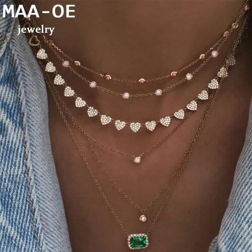 Vintage Fashion Gold Geometric Heart Crystal Green Stone Pendant Necklaces For Women Necklace MultiLevel Female Boho Jewelry