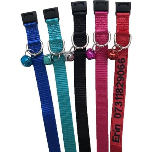 Custom embroidered cat collar to prevent cat from being lost, with bell, adjustable size, five colors, cat name, phone number