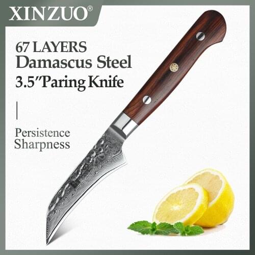 XINZUO Brand 3.5 inch Paring Knife VG10 Damascus Stainless Steel Kitchen Knife Cutter Tools Very Sharp Durable Rosewood Handle