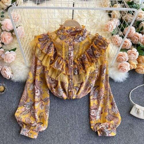 Chiffon Floral Print Blouse Women Spring O Neck Puff Sleeve Ruffle Tops Boho Mesh Patchwork Streetwear Blouses DZA458