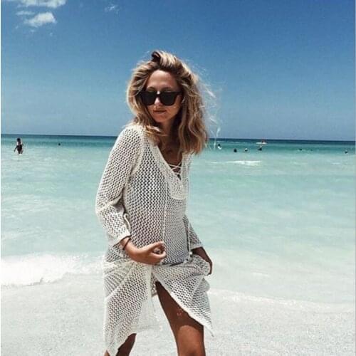Women Knitted Crochet hollowout Cover Up Bikini Women Swimsuit Lace-up Kimono Beach Dress Bathing Suit Beachwear Tunic Robe