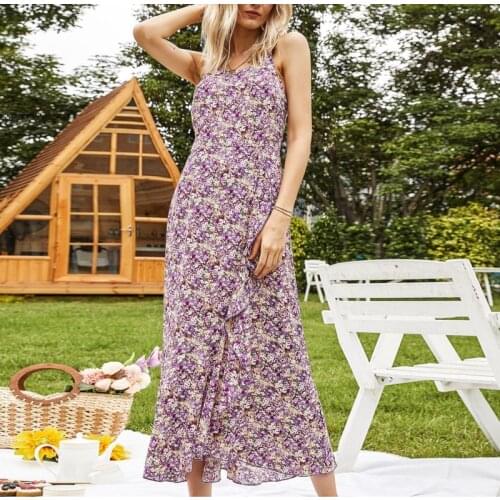 Summer Floral Print Maxi Dress Women Sleeveless Loose Ruffles Spaghetti Straps Long Dresses Vintage Bohemian Beach Midi Dress