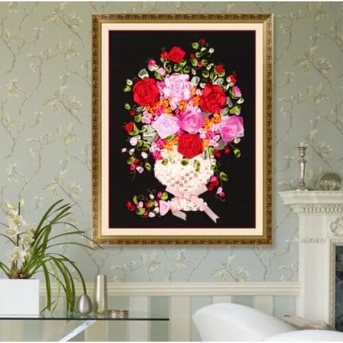 40x55cm Black Vase Ribbon embroidery kit stain painting set handcraft kit DIY handmade needlework art home decor