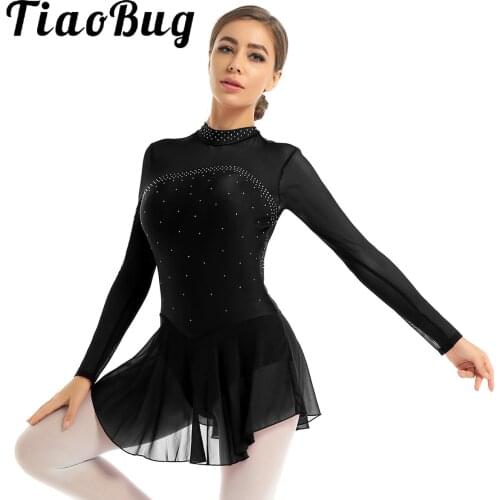 Women Mesh Long Sleeves Gymnastics Leotard Shiny Rhinestones Ballet Dancewear Figure Skating Dress Stage Performance Costume