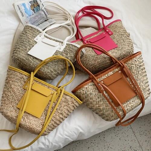 Bohemia Big Weave Rattan Bags Women Shoulder Bags Large Capacity Straw Handbags Splicing Big Tote Crossbody Bags for Women 2021