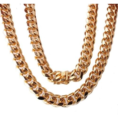 Hip hop 15mm Men Cuban Miami Chain Necklace Gold Tone Stainless steel Rhinestone Clasp Iced Out casting Chain Necklace