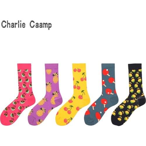 Charlie Campp 5 Pairs Mens Combed Cotton Popular Fruit Graffiti Casual Business Joyful Mens Socks HY0045