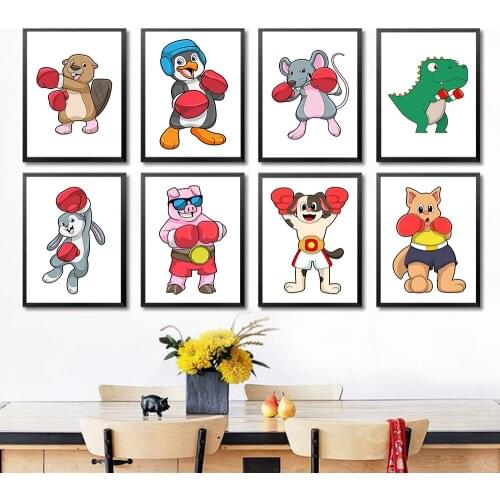 Dinosaur Rabbit Dog Cat Rat Pig Penguin Boxer Boxing Poster Print Cartoon Animal Canvas Wall Picture For Kids Room Decor Nursery