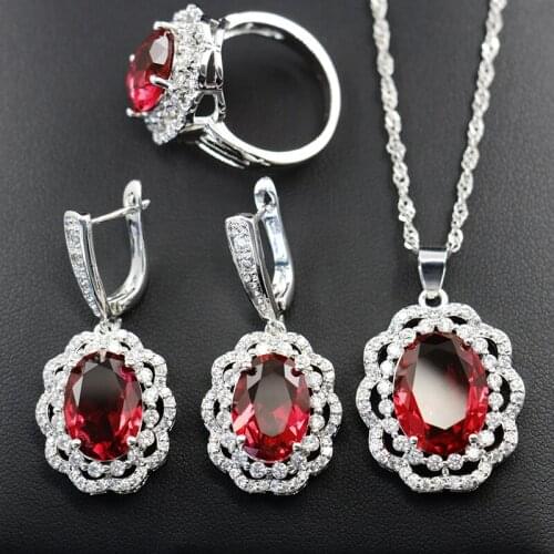 Funmode Red Oval Cubic Zircon Pave Accessories Party Jewelry Sets For Women collares para mujer Wholesale FS139