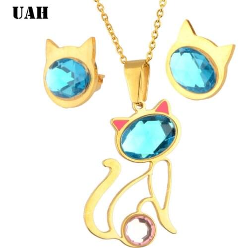 UAH Hot Sale Gold Color Fashion Cat Jewelry Sets Cubic Zircon Statement Necklace & Earrings Wedding Jewelry for Women Gift