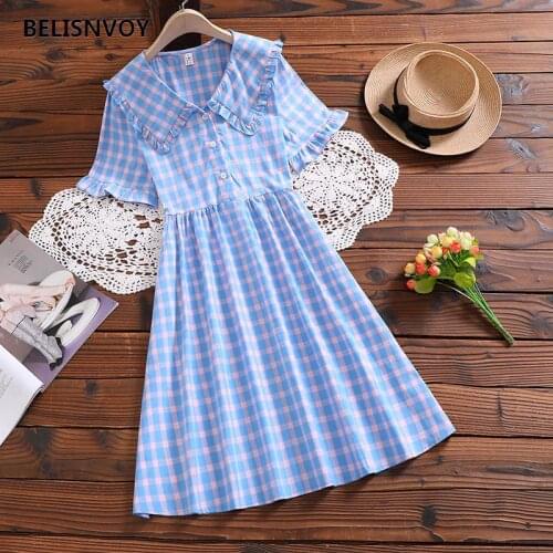 Japanese Lolita Style Summer Women Cute Dress Sailor Collar Blue Yellow Plaid Loose Dress Flare Sleeve Girls Cute Kawaii Dresses