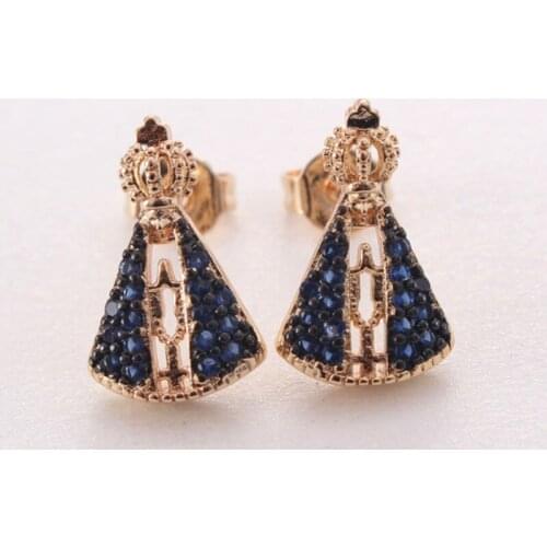 Copper with Iced Out Zircon Geometric Our Lady of Aparecida Virgin Mary Earrings For Women Catholic Jewelry