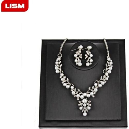 Trendy Wedding Gold/Silver-Color Jewelry Set for Women Imitation Pearl Necklace Earrings for Women Bridal Clothing Accessories