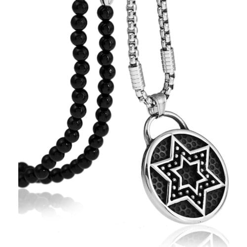 Men Star of David Hexagram Stainless Steel Pendant Necklace With Black Natural Stone Chain 26"