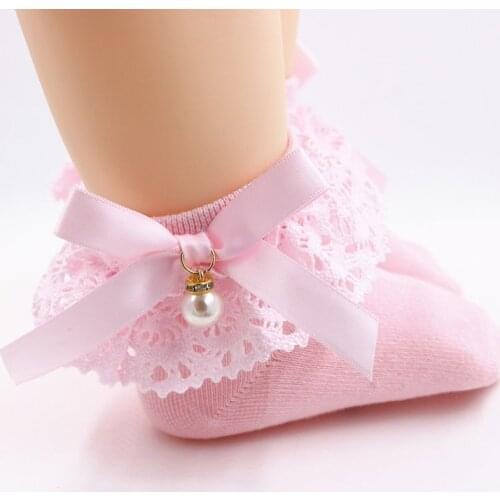 Baby Girl Princess Lace Ruffle Socks Retro Frilly Pearl Bow Socks Sweet Kids Cotton Short Socks