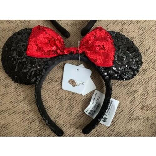 New MINNIE MOUSE EARS Headband Black Sparkle Shimmer Red Sequin Bow Mickey