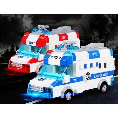 [New] DIY Assembly Sound & light electronic Fire truck police ambulance car building blocks model Education toy kids baby gift