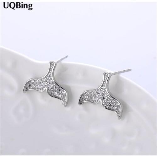 Wholesale 925 Sterling Silver Rhinestone Fish Tail Stud Earrings Pendientes Plata Brincos