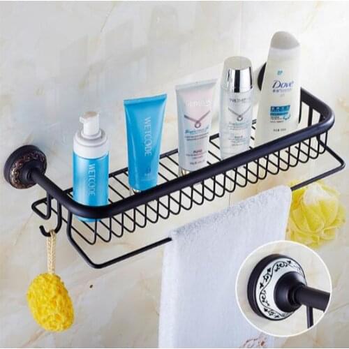 Fashion high quality total brass material black Oil plating bathroom shelves accessories corner bathroom shampoo holder basket