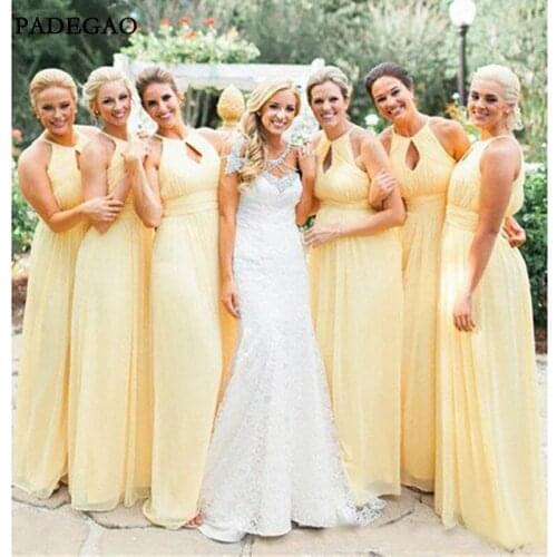 Simple Yellow Long Bridesmaids Dresses Sleeveless Customized Chiffon Halter Bridesmaids Dresses Prom Custom Made