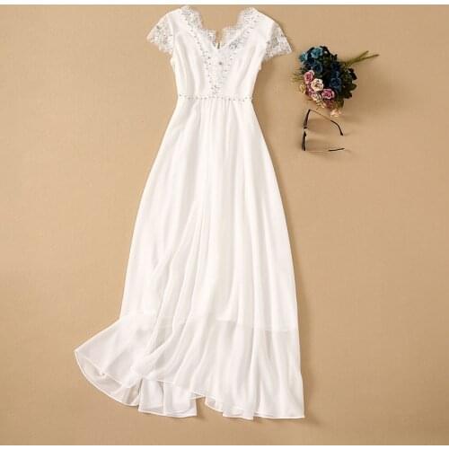 Sexy Deep V-Neck Long Dress 2021 Summer Wedding Party Women Sexy Lace Patchwork Crystal Beding Deco Elegant White Maxi Dresses