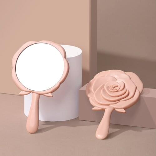 Cute Makeup Mirror Elegant Rose Shape Design Handle Mirror Princess Tiny Mirror Portable Travel Size Pink Fixing Makeup Mirror