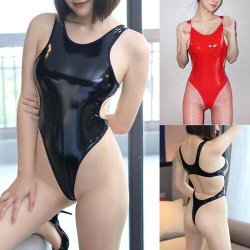2020 Sexy Womens Wetlook Leather Thong Leotard Bodysuit Clubwear Costume Jumpsuit Catsuit One Piece Swimsuit